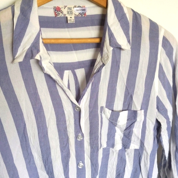 pink rose striped rayon button down tie front collared shirt women's size medium - Picture 5 of 11